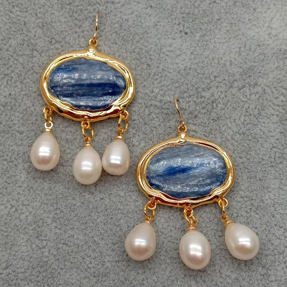 YYGEM vintage style Natural oval Blue Kyanite White Rice freshwater Pearl Dangle Hook Earrings gold filled For Women Girls Gifts