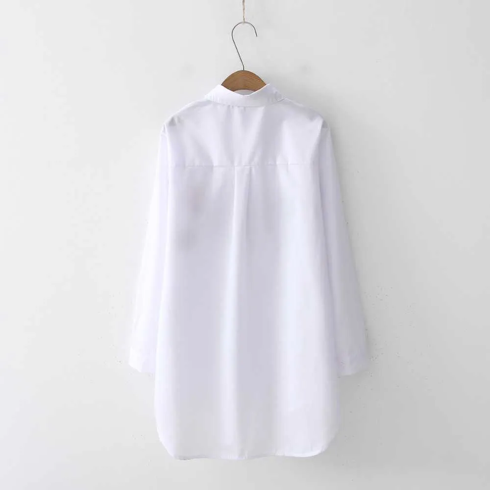 Chemise blanche tenue décontracté boutonné col rabattu à manches longues chemisier en coton broderie Feminina T8D427M 210721