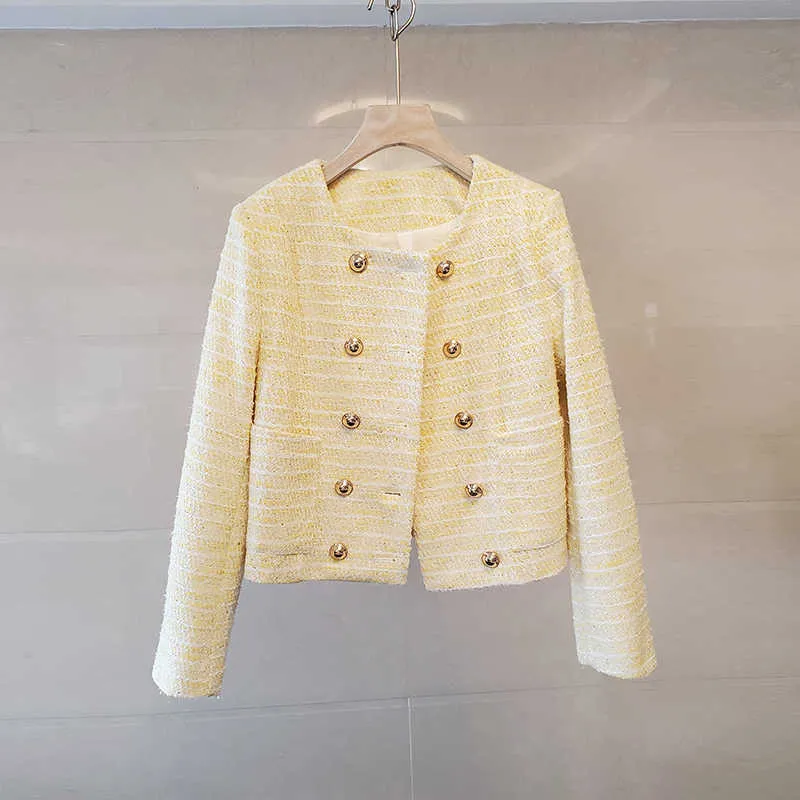 Runway Vintage Stylish Golden Double-Breasted Frayed Tweed Jacket Coat Women's Ladies Outerwear Casual Casaco Femme 210529