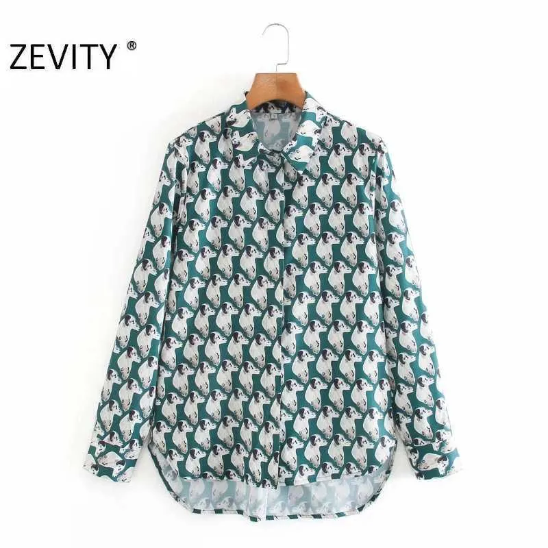 Zevity kvinnor söta hundar print casual smock blus kvinnlig sväng ned krage chic tröja ol affärer femininas blusa toppar ls7302 210603