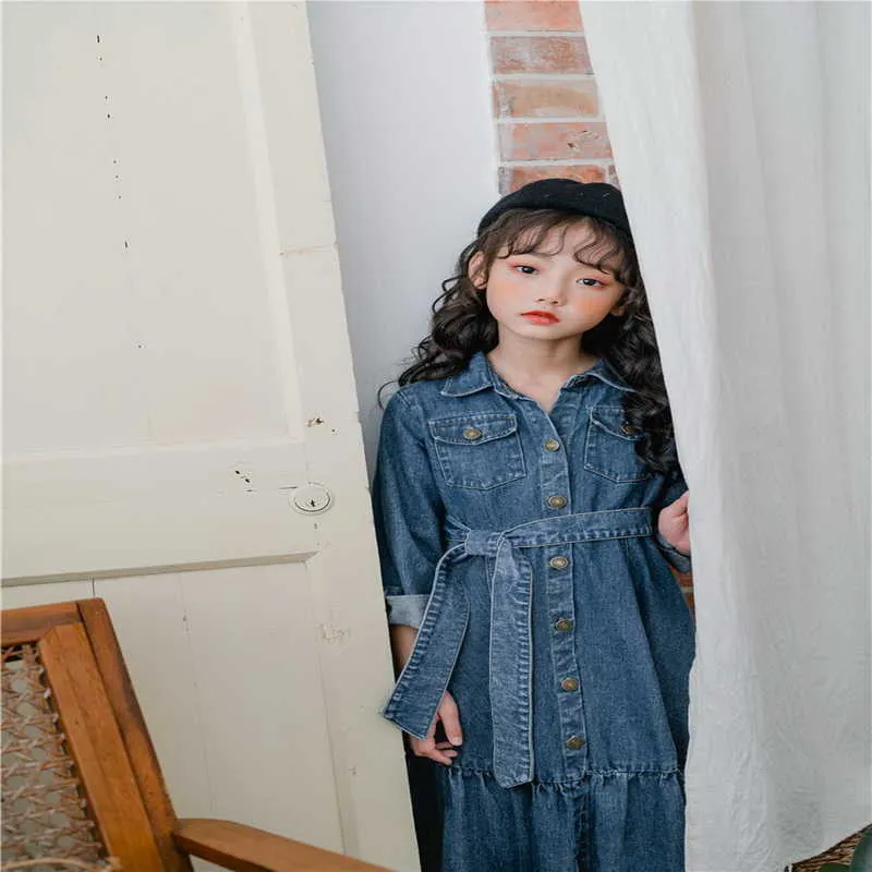 Koreaanse stijl lente meisjes jurk denim lange mouwen met sjerpen jurken kinderen casual kinderkleding E1071 210610