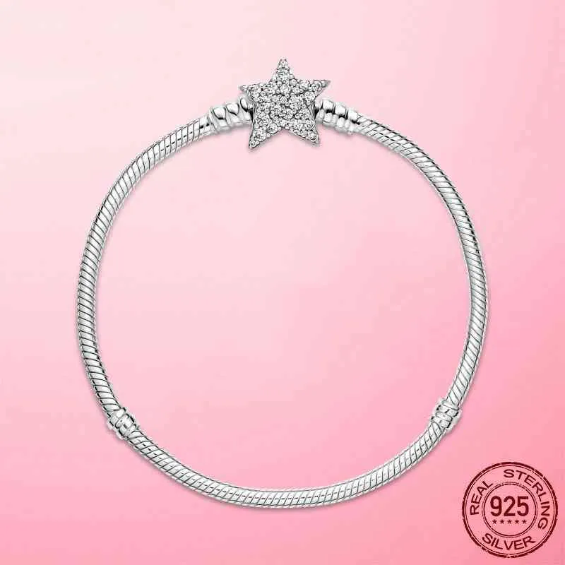 925 Sterling Silber Kubikzircon Star Link Schlangenknochen-Kettenarmband für Frauen, passend für Original-Pandora-Charm-Perlen zum Selbermachen