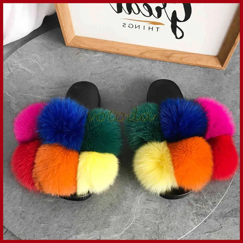 Pantofole in pelliccia di pompon Donna Fluffy Real Fox Slides ry Cute Raccoon Sandals Lady Flat Ball Flip Flop Scarpe arcobaleno