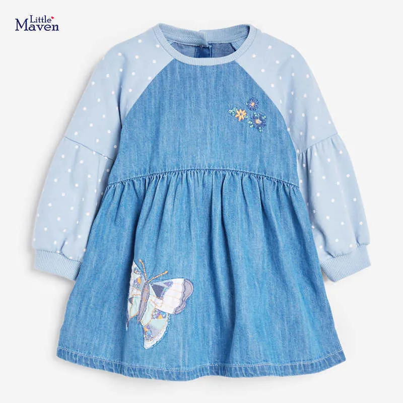 Kleider für Babys Marke Herbstkleidung Baumwolle Schmetterling Applikation Kleinkind Denim Kontrastfarbe Punktkleid für Kinder 2-7 Jahre Q0716