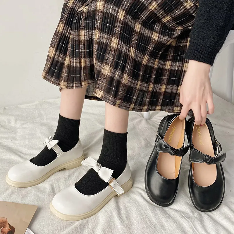 2021 frühling Lolita Schuhe Bogen Mary Janes Schuhe Plattform Leder Mädchen Schuh Runde Kappe Casual Schuh Schnalle mujer 8934N