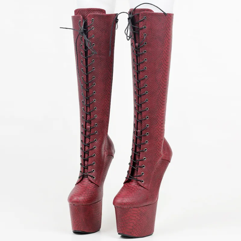 Peau de serpent imprimé PU talon plate-forme à lacets bottes hautes décapant Sexy pôle exotique danse