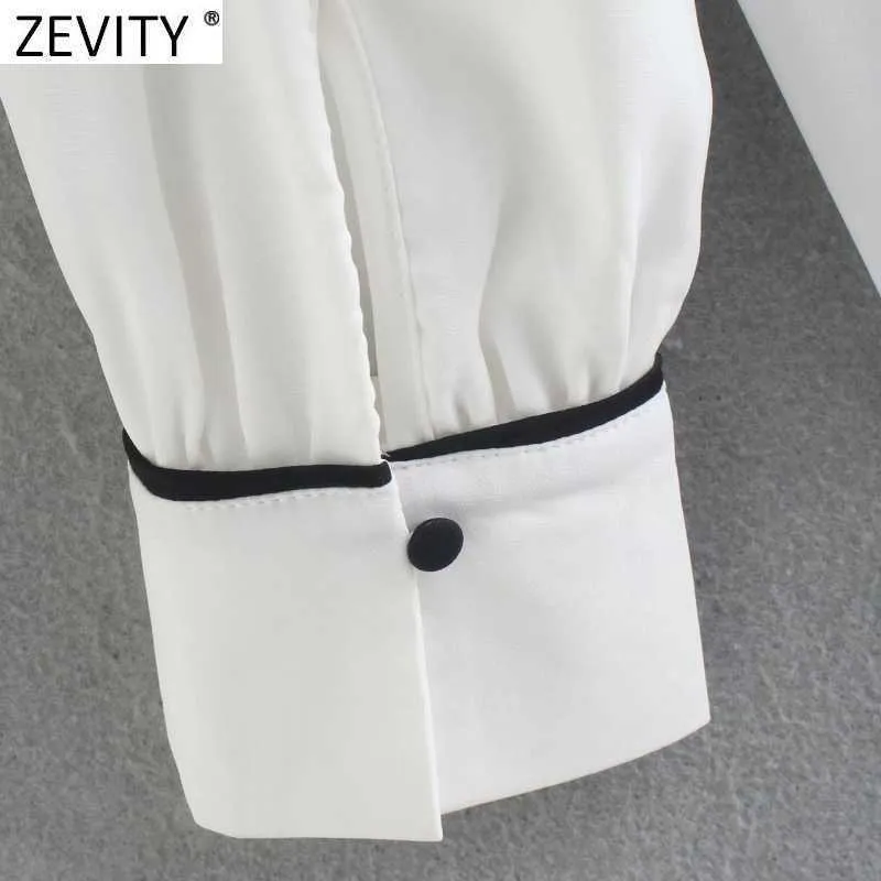 Zevity Women Sweet Black Edge Camicetta grembiule in chiffon bianco Pieghe femminili Camicia kimono manica lunga Chic Blusas Top LS7654 210603