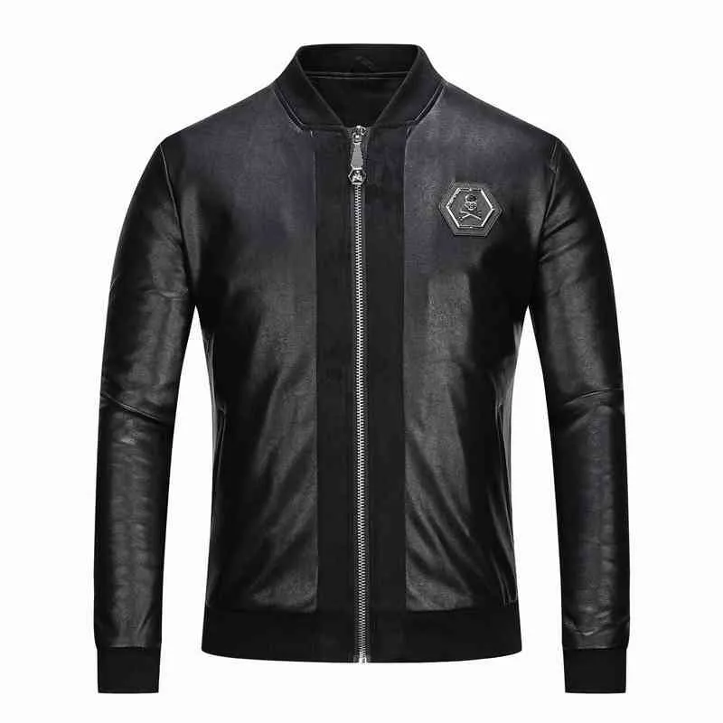 Skull s PU Giacche Uomo Nero High Street Stand-Neck Zipper Rib Sleeve Streetwear Moto Cappotti in ecopelle 211214