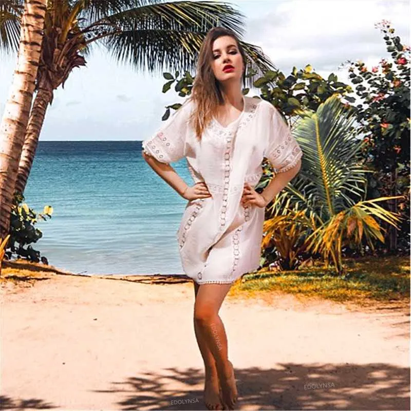 Tunic Cover-ups White Sexy Hollow Out O-Neck Beach Mini Dress Summer Women Wear Swim Suit Cover Up Sarong Q907 210722