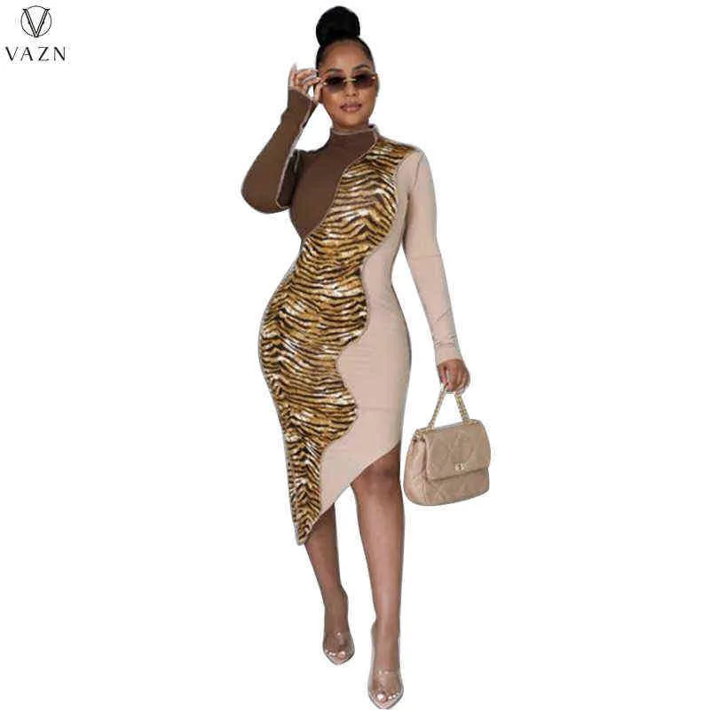 VAZN Fashion Women Sexy Girl Style Short Dress Long Sleeve Round Neck Tiger Grain Mini Shirt 211115