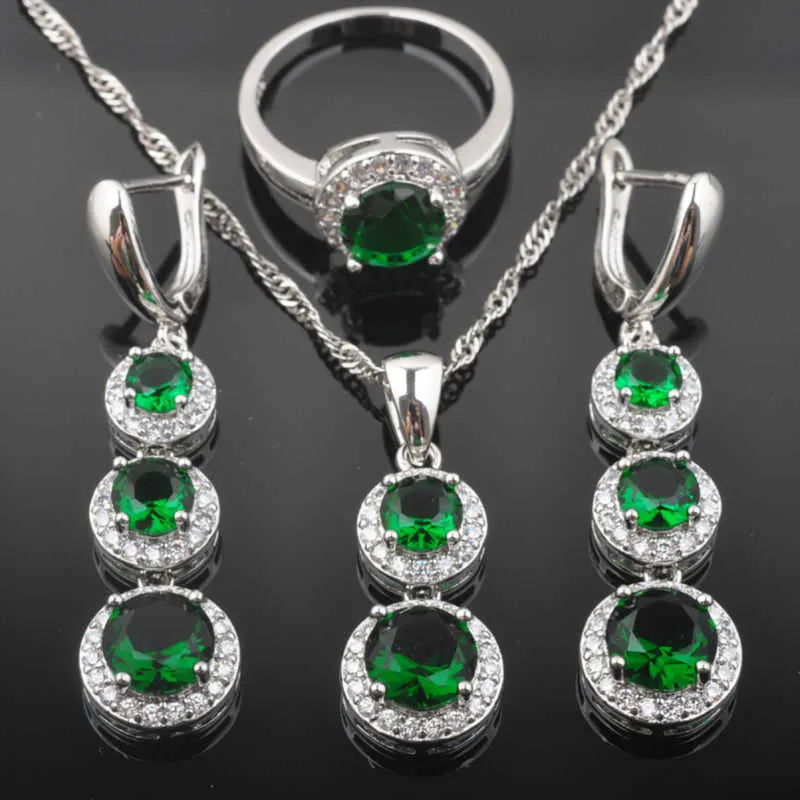 Set di gioielli da sposa da donna Set di orecchini e collana da sposa color argento con zirconi verdi QZ0493 H1022