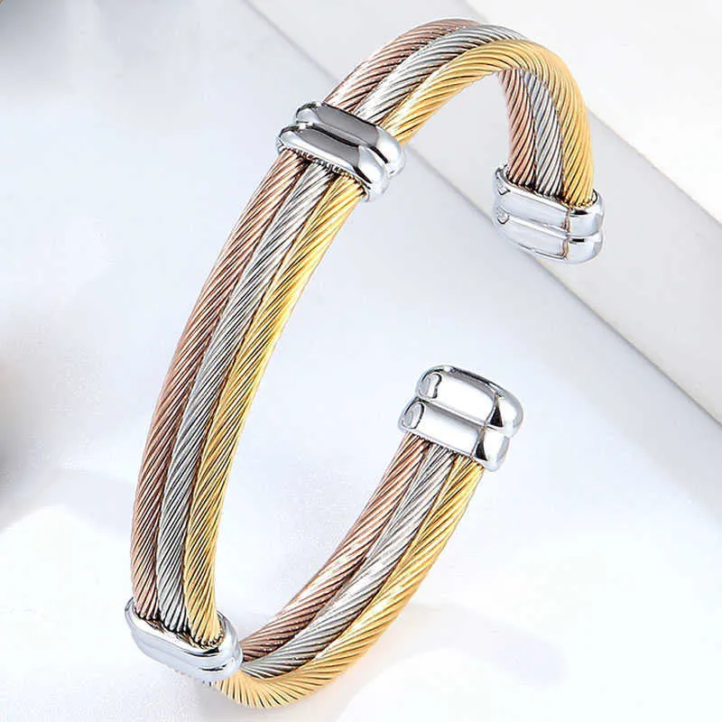 4 Styles Cable Bracelet Adjustable Size Cuff Bangle for Women New Arrival Spring Wire Line Titanium Steel Jewelry Wholesale Q0719