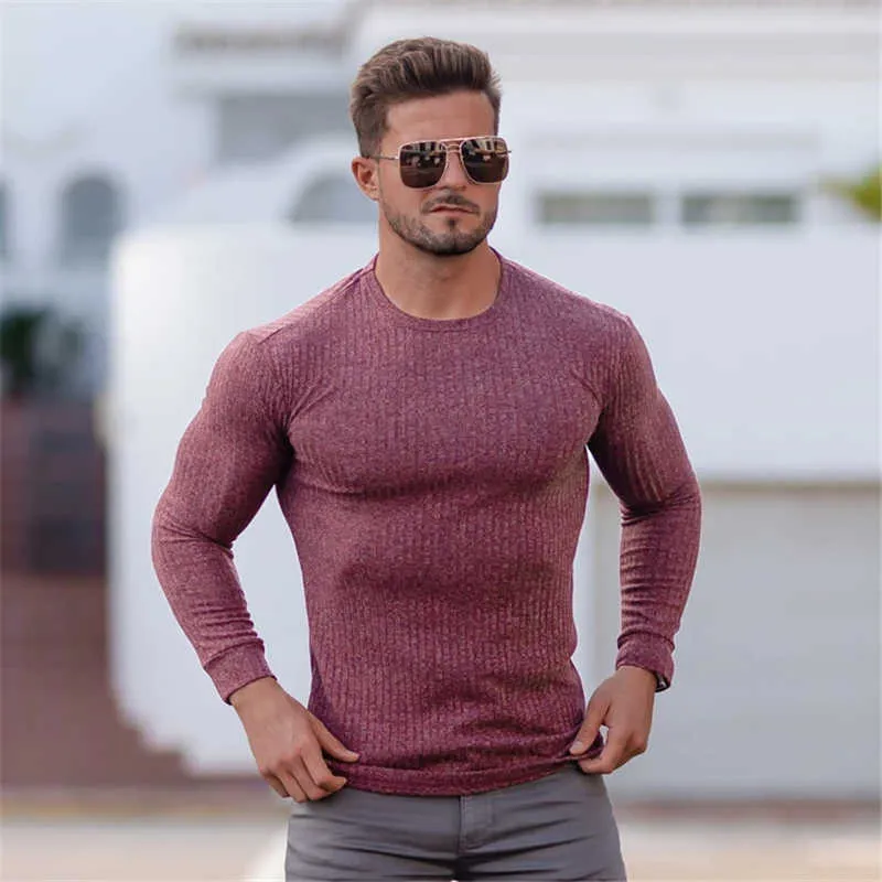 Spring Fashion O-Neck Tröjor Mäns Remsor Stickade Pullovers Solid Casual Tröja Man Höst Slim Fit Knitwear Kläder 210812