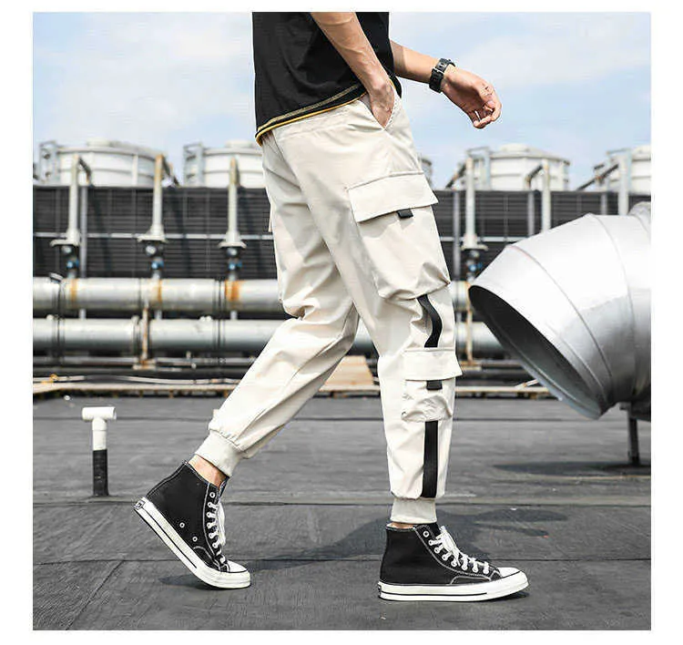 Poches latérales pour hommes Cargo Harem Pantalon Nouveaux Rubans Noir Hip Hop Casual Homme Joggers Pantalon Mode Casual Streetwear Pantalon Y0811