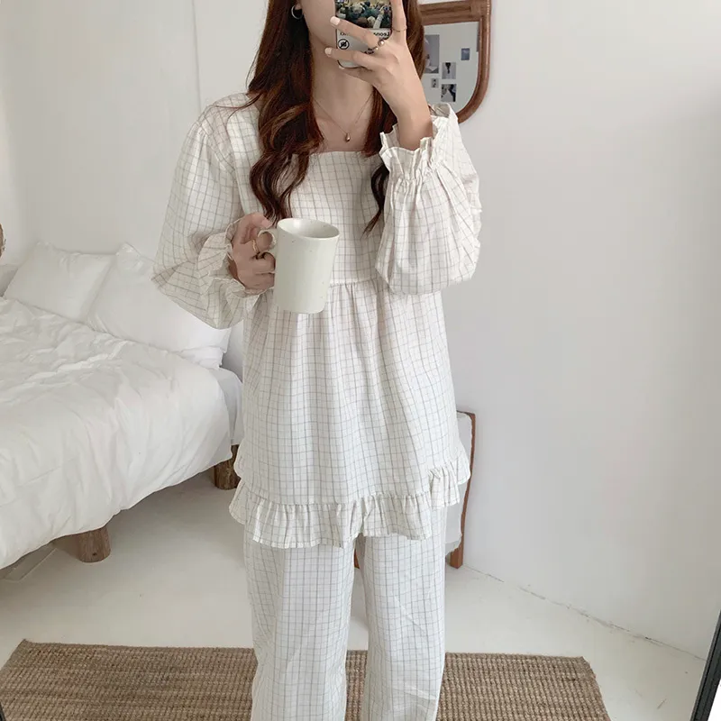 White Minimalist Plaid Cotton Square Collar Chic Loose All Match Puff Sleeves Sweet Pajamas Sets Home Clothes 210525