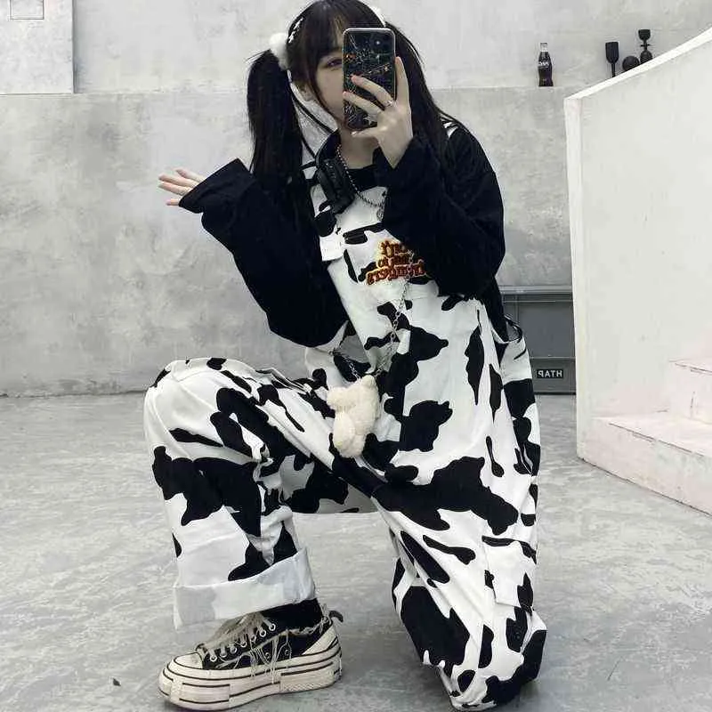 Street Hip-Hop Harajuku Girl Vaca Impressão neies para Mulheres Preto Branco Manta Macacão Casual Jumpsuit Calças Baggy Calças 211202