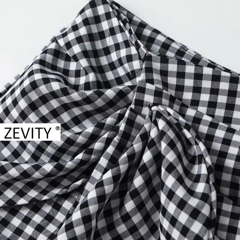 Zevity Women Fashion Plaid Printing Casual Slim Bermuda Shorts Ladies Bowknot Side Zipper Chic Shorts Pantalone Cortos 210308