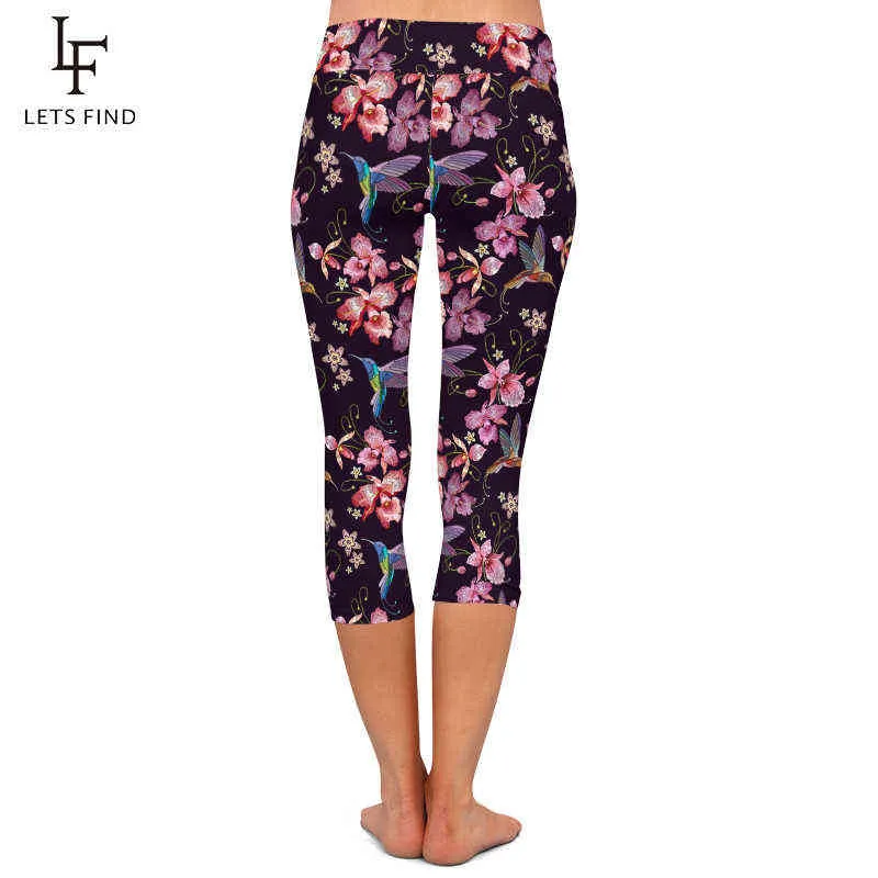 LETSFIND High Quaility 220gsm Milk Silk Birds and Orchid Print Leggings Waist Plus Size Soft Stretch 210925