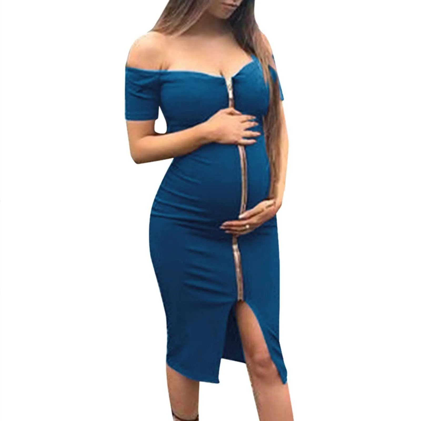 Robes d'été de la femme enceinte mode fermeture éclair couleur unie sans bretelles grossesse robe moulante enceintes maternité vêtements décontractés Q0713