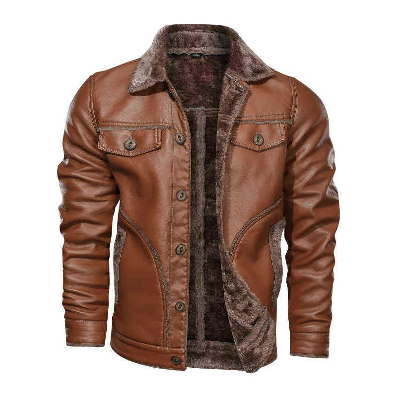 Winter Herren Lederjacke Casual Plus Samt PU Mantel Männer Fleece Militär Motorrad Retro Große Größe M-8XL 211217