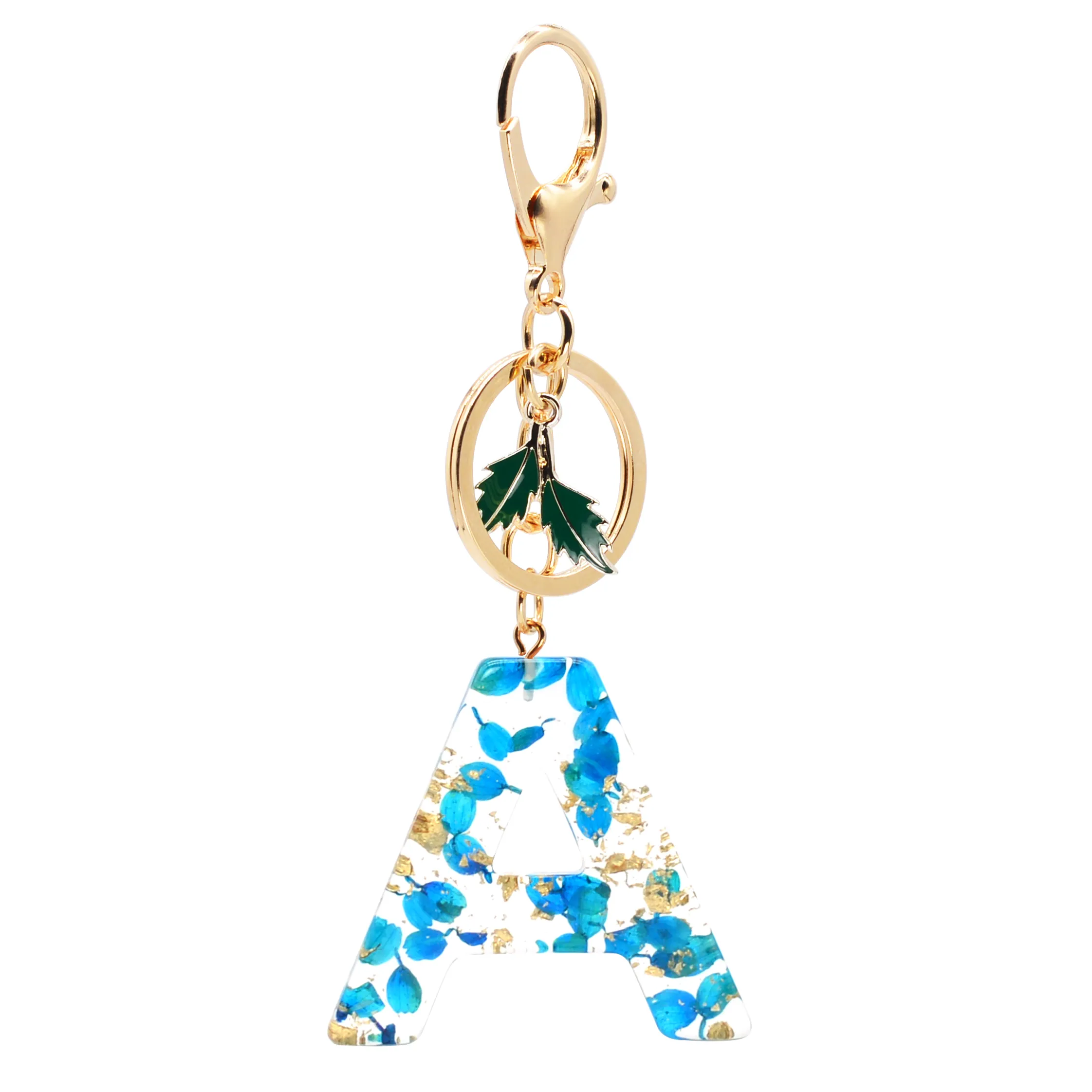 Nuova moda inglese lettera portachiavi in resina piccoli fiori blu con ciondolo a forma di ciondolo in lamina d'oro donna