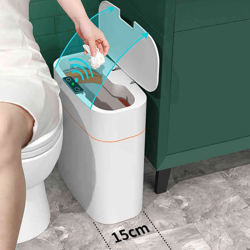 Capteur intelligent Poubelle électronique automatique Dwaterproof Salle de bain Toilette Eau Couture étroite Poubelle Basurero 211229