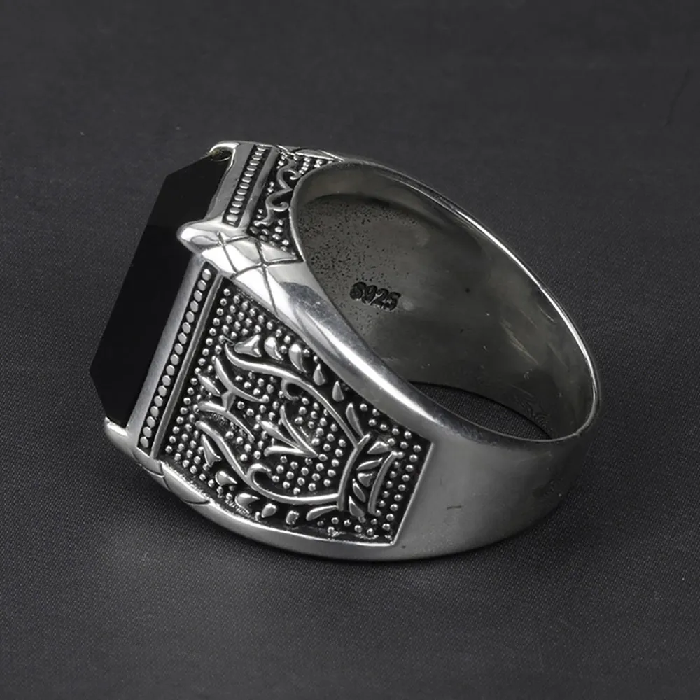 Prawdziwe czyste 925 Sterling Silver Mens Pierścienie z czarnym Onyx Kamienne pierścionki Kamienne Retro Kwiat Grawerowane Punk Rock Vintage Biżuteria 210312