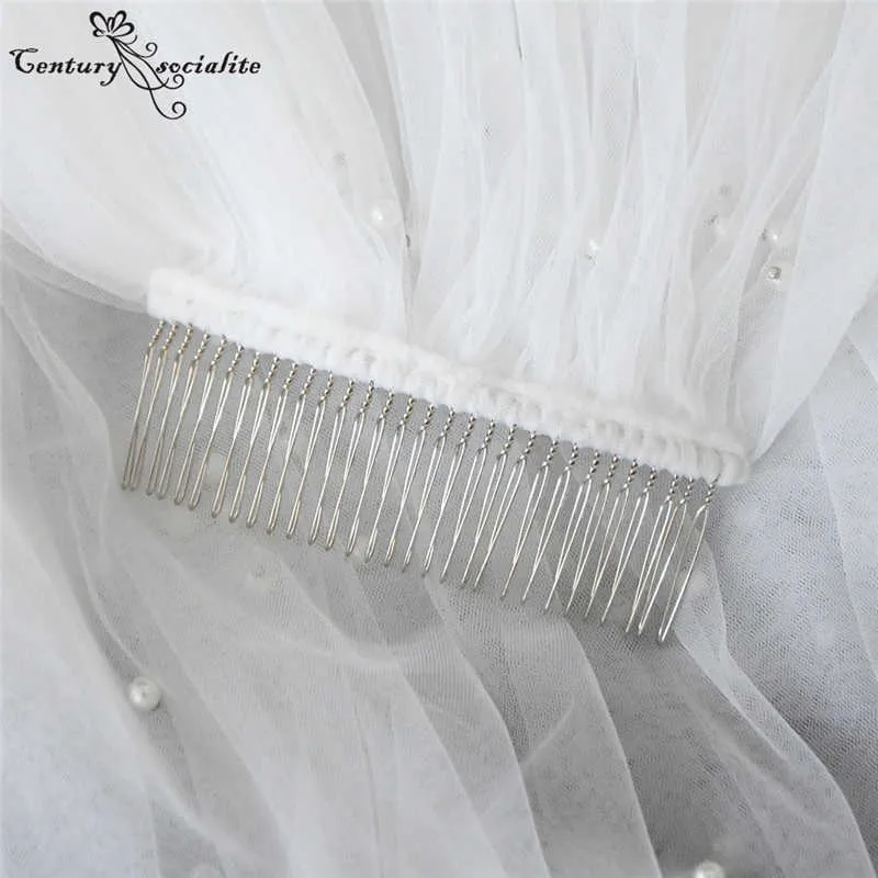 Perlen Elfenbein Lange Brautschleier mit Kamm Einschichtiger Kathedralen-Hochzeitsschleier Weiße Brautaccessoires Velos de Noiva X0726269D