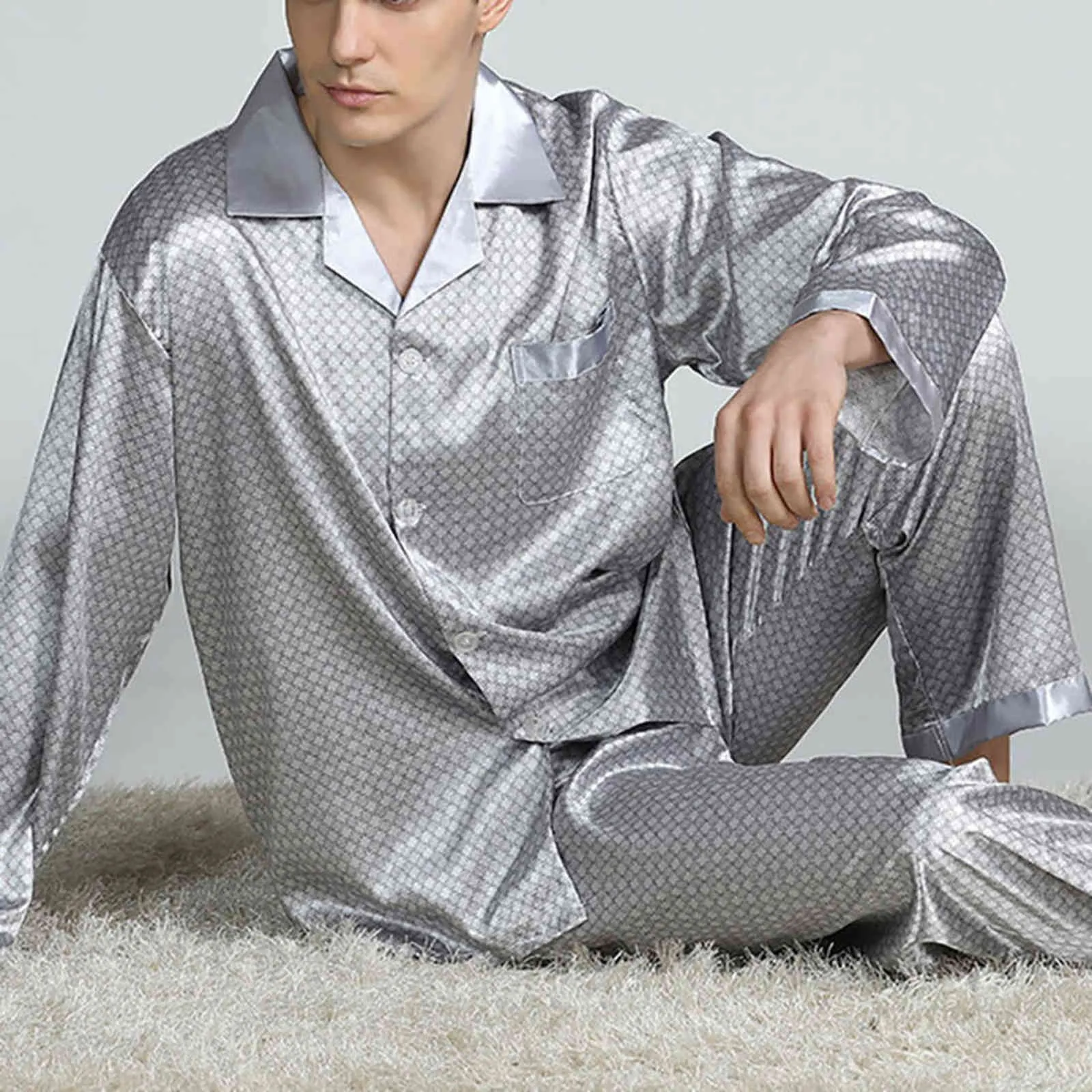 Loozykit mens fläck silke pyjama sätter pyjamas män sleepwear modern stil silke nattgong hem manlig satin mjuk mysig sömn bär 211111