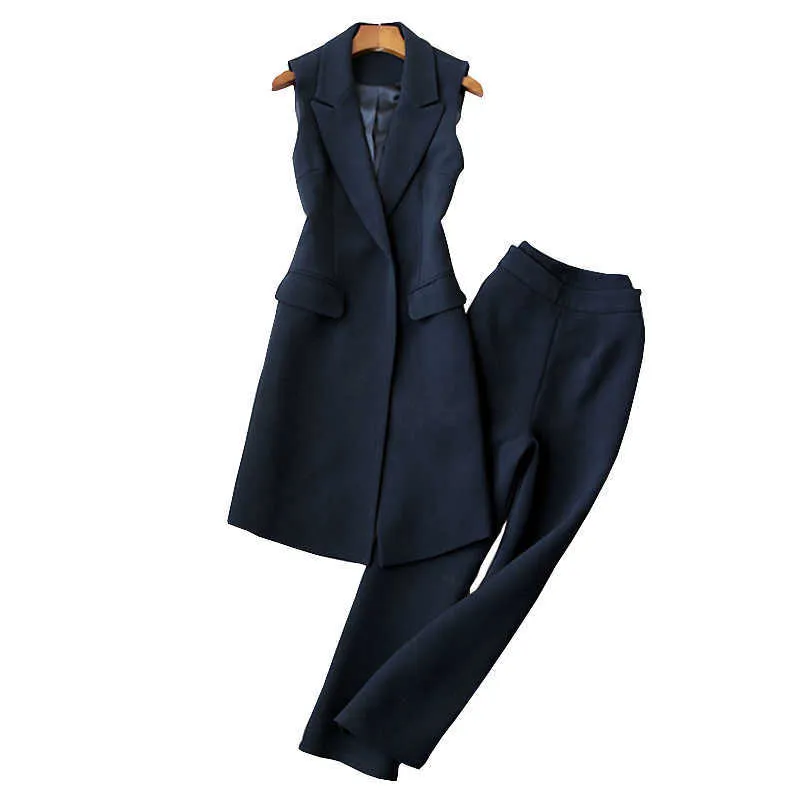 Kvinnors långa byxor kostym kontor höst och vinter ärmlös damer blazer eleganta bredbyxa byxor tvådelat 210527