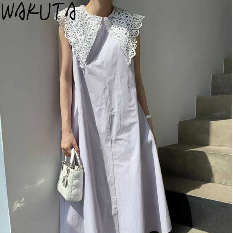 Wakuta spets krage ärmlöss lång klänning kvinnor koreanska japanska casual lösa damer söta vind eleganta väst klänningar sommar 210630