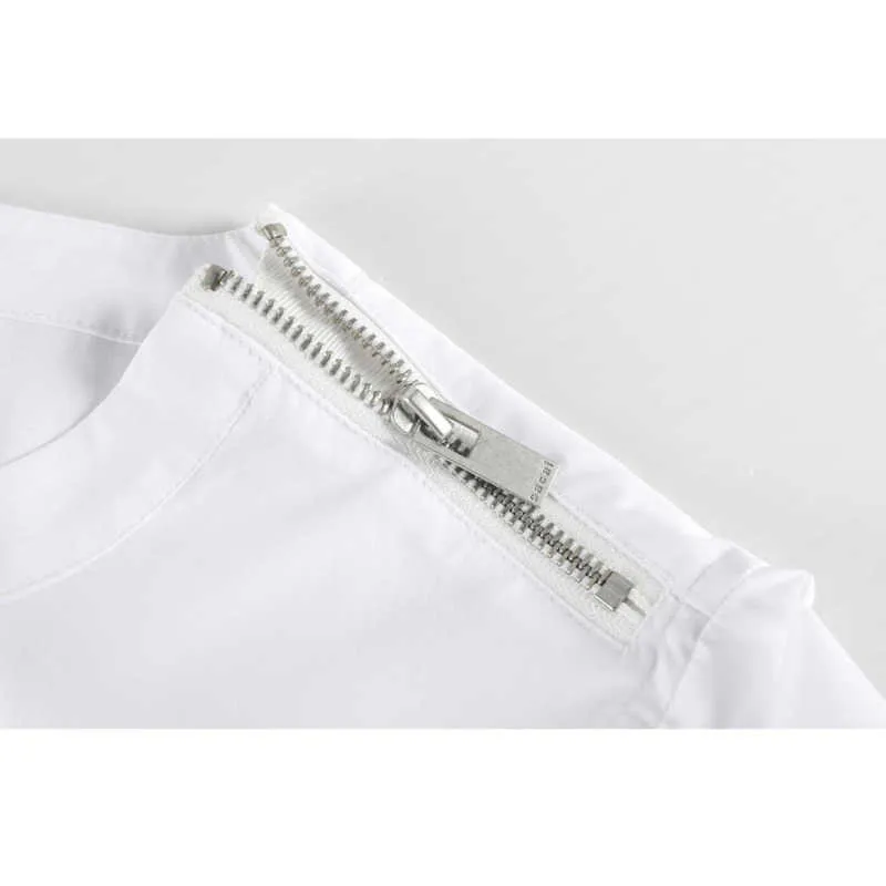 [Daat] verão moda tops redondo pescoço retalhos de manga curta dois falsificação de duas fugas de fugas de personalidade t-shirt 13C774 210527