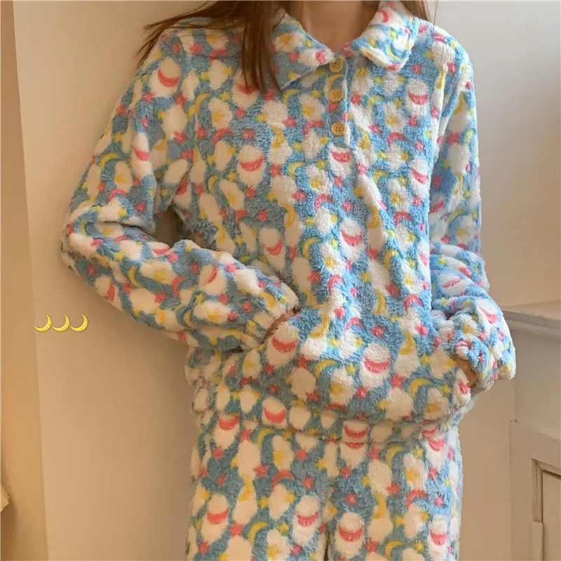 Elegancka flanelowa druk nightwear Two Piece Suit Sets Sweet Soft Casual Homewear Round-Neck Loose Fashion Pajamas 210525