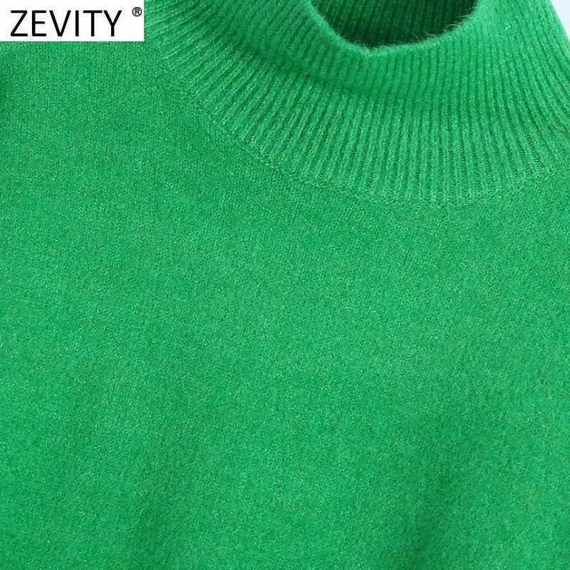 Zevity Femmes Simplement Col Montant Solide Vert Couleur Casual Pull À Tricoter Femme Chic De Base À Manches Longues Pulls Marque Tops SW900 210914