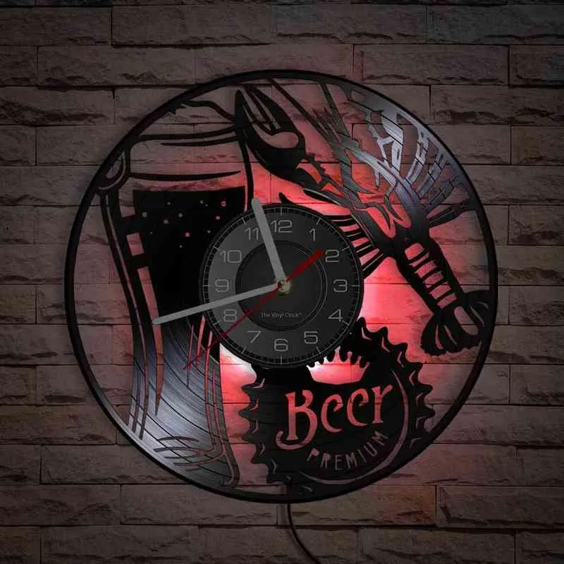 Beer Premium And Crayfish Vinyl Record CD Disc Wall Clock For Home Bar Pub Decor Brewery Seafood Lover Kitchen Clock Wall Watch H1230