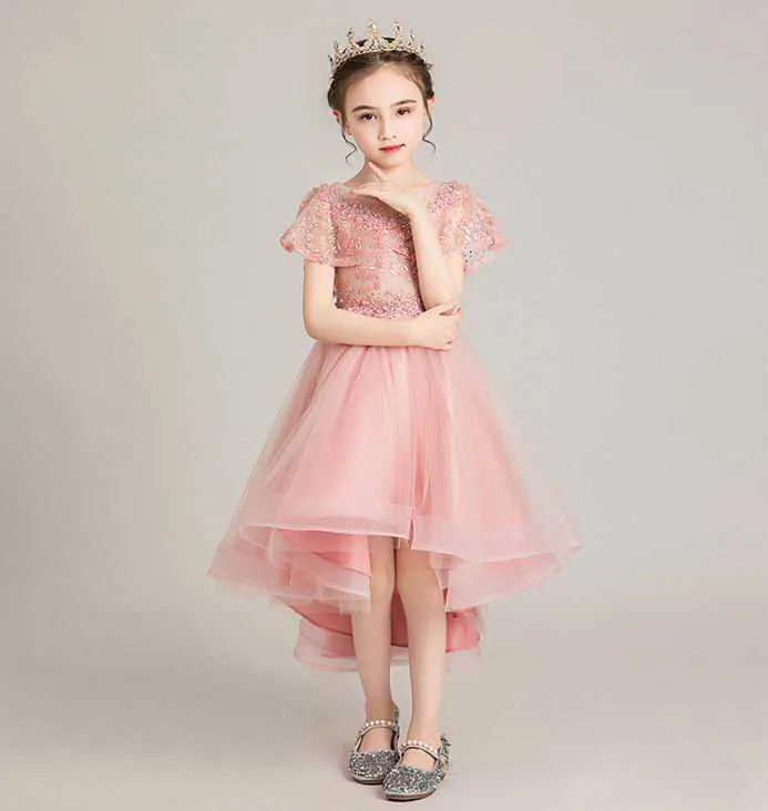 Abito da ragazza Flower Bruffy Tulle Alta Abito da ballo Basso la festa di nozze Princess Bambini Vestiti 2-12Y E20260 210610