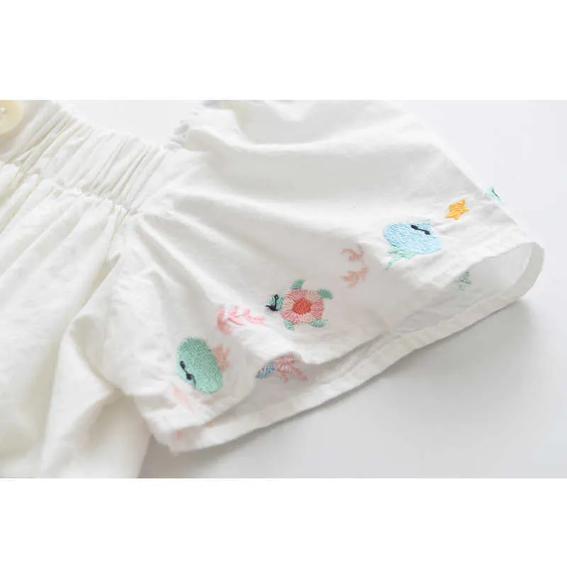 Liefde ddmm meisjes shirts zomer kinderen dragen meisjes leuke bloemen kleine vis rmbroidery schouder shirt met korte mouwen 210715