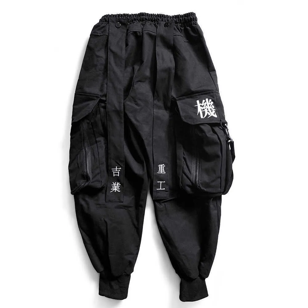 Japon Streetwear Techwear Kargo Pantolon Erkekler için Baggy Geniş Bacak Siyah Jogger 210715