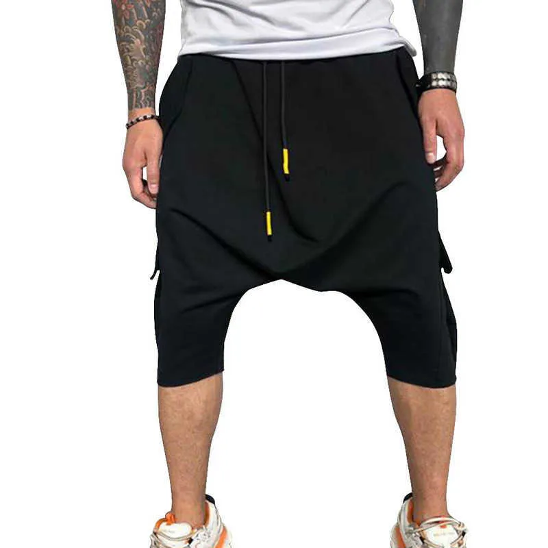 Dihope 2021 Lato Nowe męskie Spodnie Mężczyźni Szerokie Spodnie Nogi Mężczyzna Drop Crotch Hiphop Mężczyzna Joggers Spodnie Długość łydki Pant Hiphop X0615