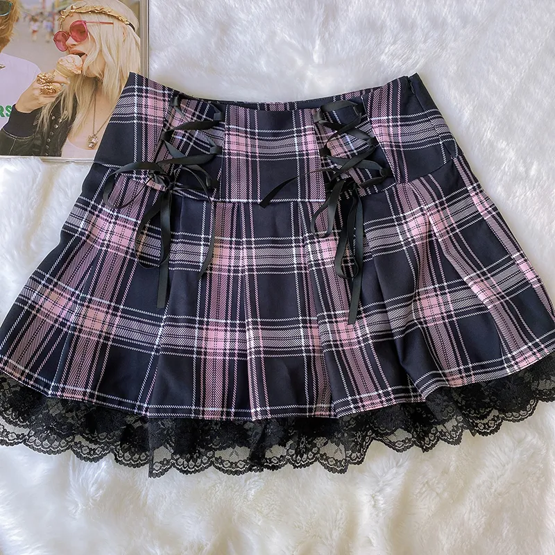 Gothic Punk Girls Pink Plaid Geplooide rok Dames Streetwear Harajuku Y2K Fashion Sweet Lace Splices Mini Skirts Lolita Rok 210311