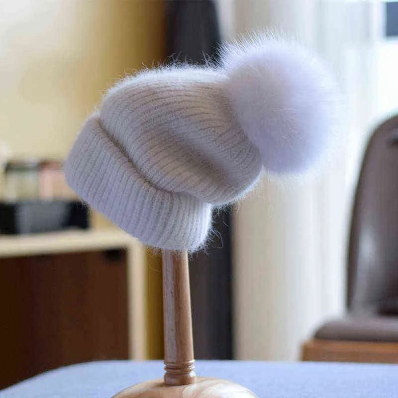 Hoed Dames Winter Angora Gebreide Echte Bont Pompom Beanie Herfst Warm Skiën Accessoire voor meisjes Tieners Buiten Luxe 211229