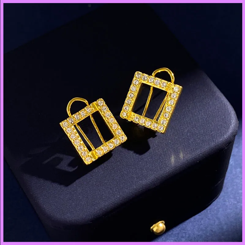 With Diamonds Earrings Gold Women Earring Designer Jewelry F Letters Square Ladies Ear Studs High Quality Ear Clip For Party D223035F
