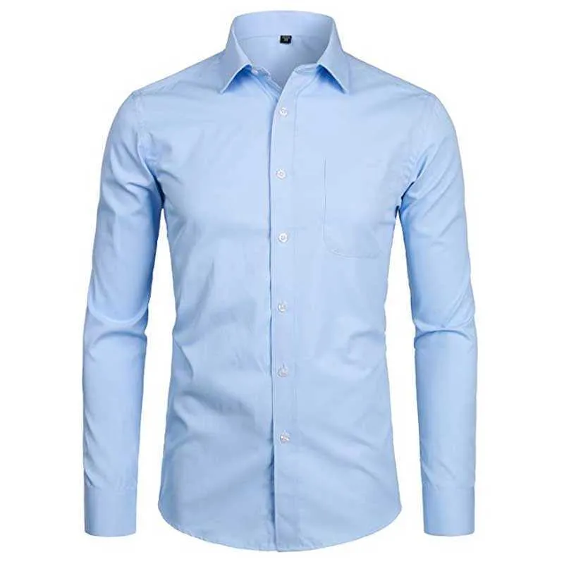 Men's Sky Blue Slim Fit Dress Shirts Long Sleeve Brand Men Cotton Top Quality Business Formal with Pocket 210721