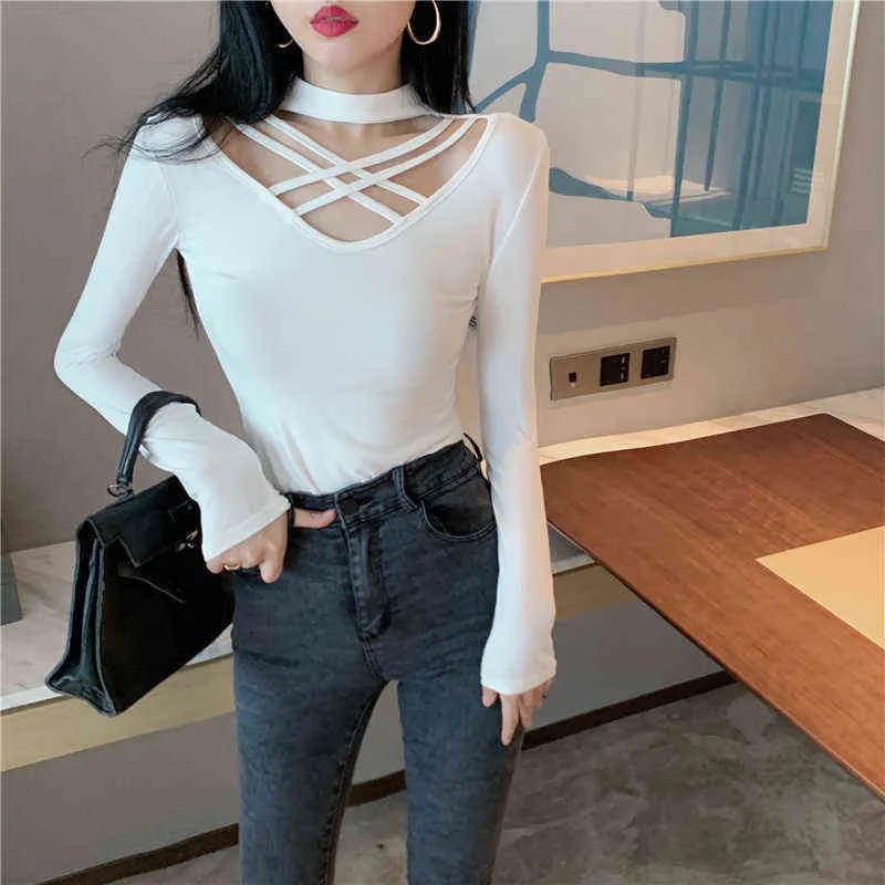 V-neck Halter Cross Design Sexy Bottoming Shirt Long-sleeved Solid Blouse Top 2022 Spring Autumn New Women Clothing H1230