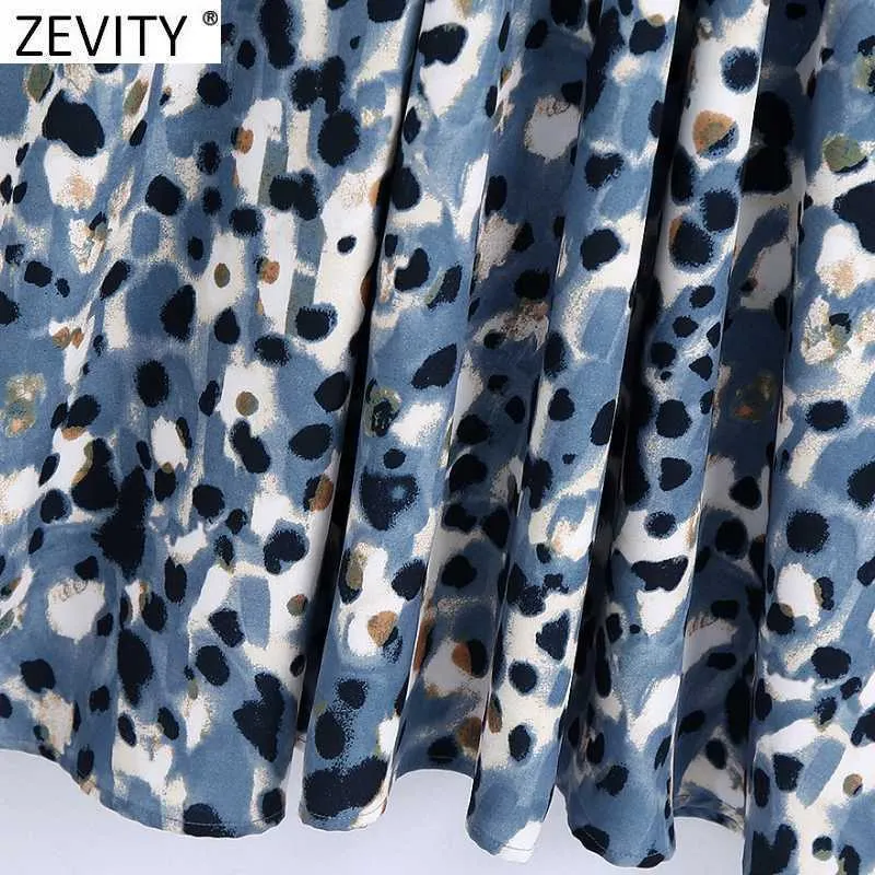 ZEVITY Kadınlar Zarif V Boyun Mürekkep Leopar Baskı Pileli Midi Elbise Femme Retro Uzun Kollu Iş Rahat Ince Vestido DS4811 210603