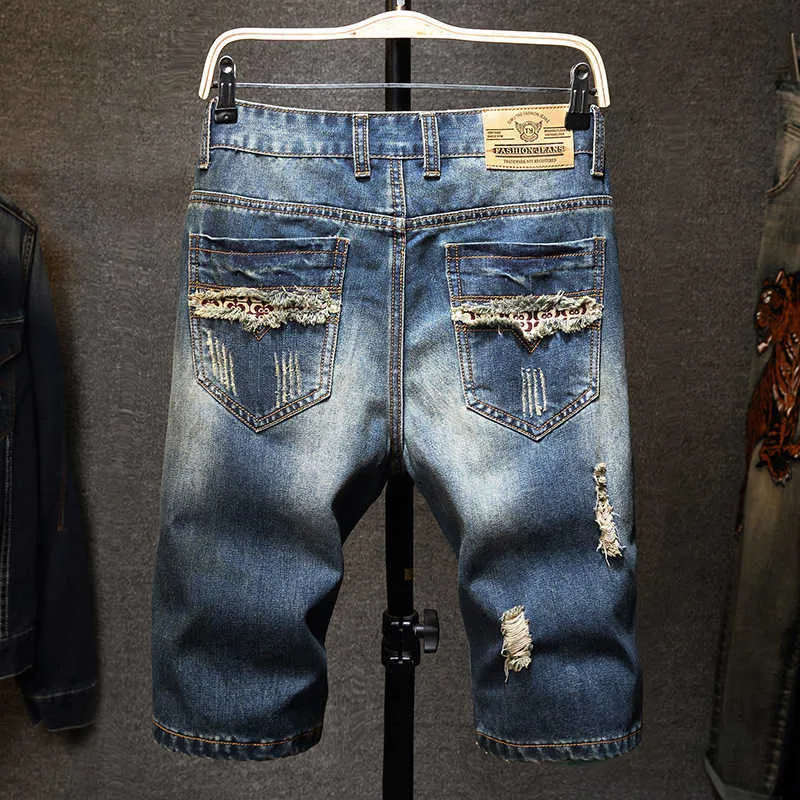 Män Vintage Ripped Bermudas Jeans Kort sommar Streetwear Hip Hop Man Casual Holes Straight Denim Shorts Plus Storlek 40 210716