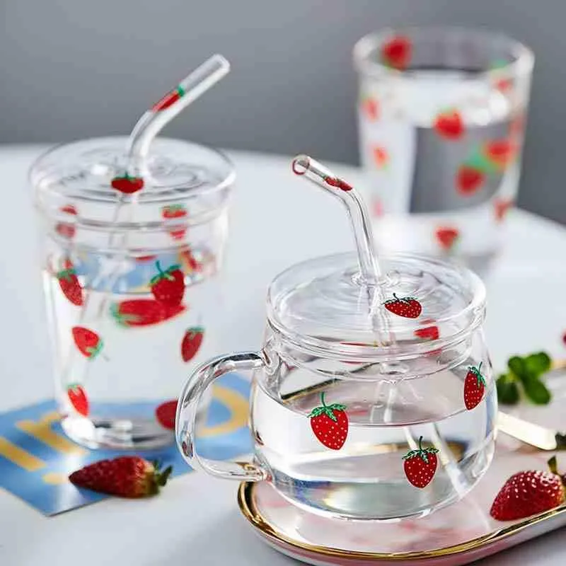 マグカップはかわいイチゴのガラスストロー抵抗と高温の朝食ウォーターカップカワイイコーヒーミルクジュースカップギフト2270