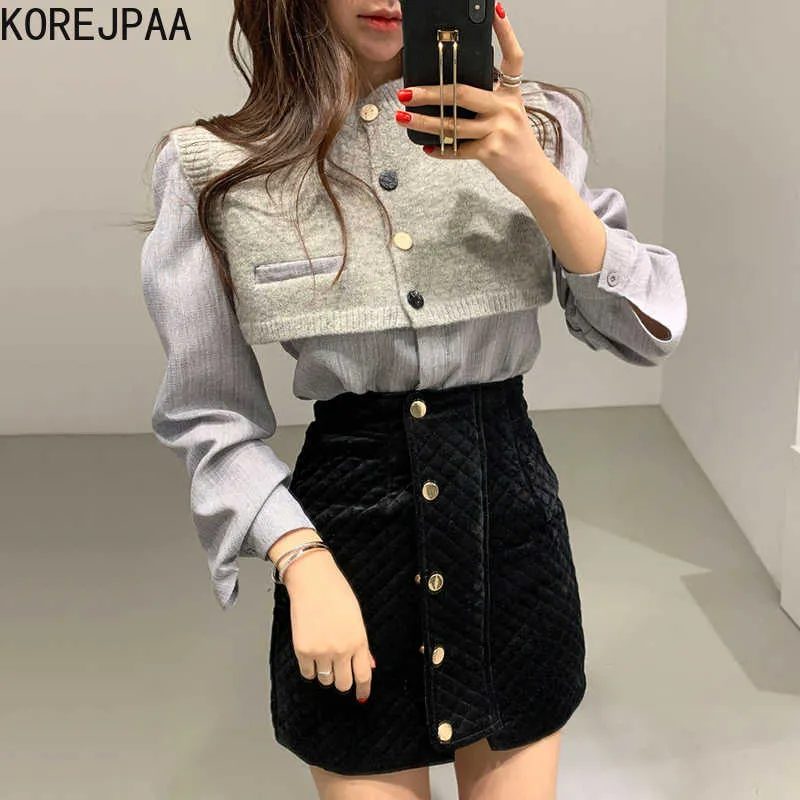 Korejpaa Set di abiti da donna Gilet in maglia dal design retrò chic coreano e camicie a maniche lunghe in tinta unita e abito con gonna corta 210526