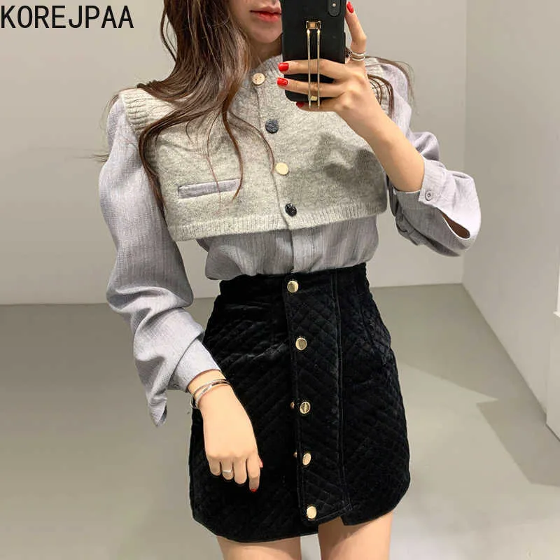 Korjpaa Kvinnor Klänning Sats Koreanska Chic Retro Design Stickade västar och solidfärgade långärmade skjortor och kort kjoldräkt 210526