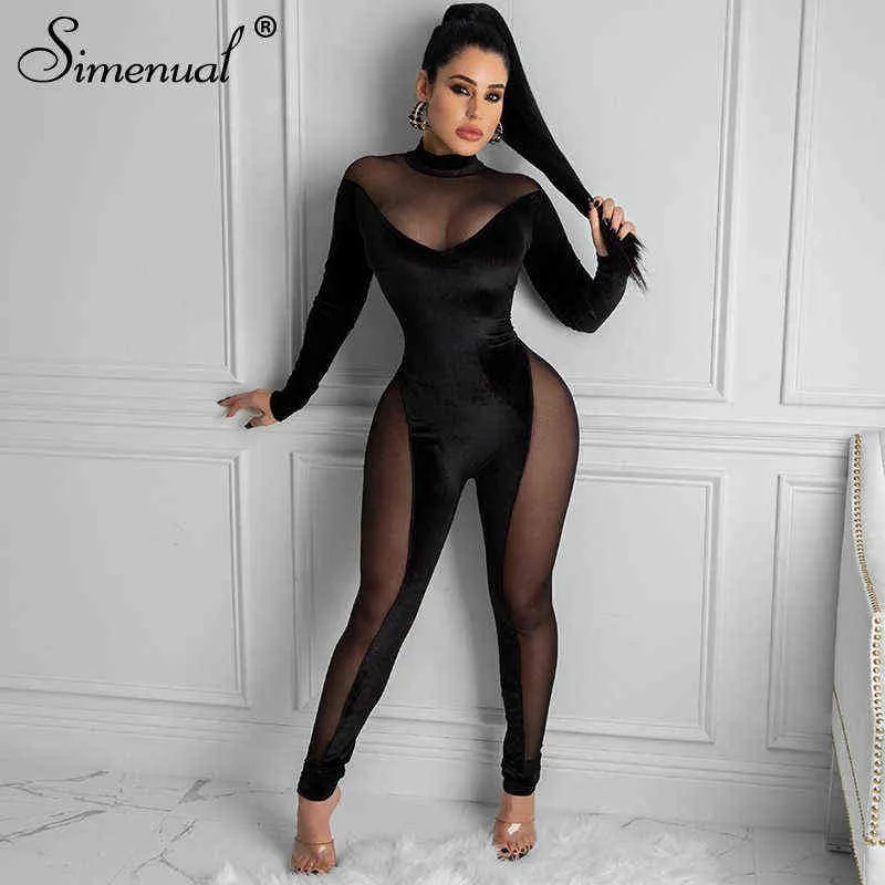 Simenual Mesh Velvet Patchwork Skinny Rompers Womens Jumpsuit Sexy See Through Midnight Club Bodycon Wild BodyStocking Black 211116